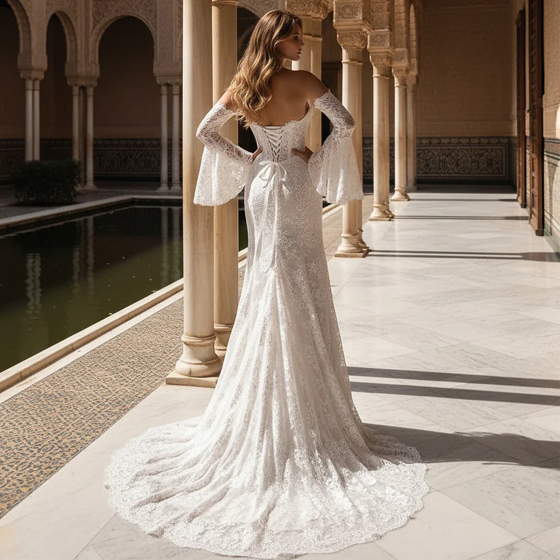 Classic Lace Off Shoulder Sheath Wedding Dresses With Train High Slit Bridal Party Gown For Bride Vestidos Novia