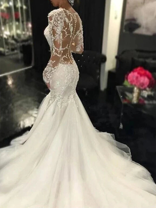 Luxury Lace Mermaid Wedding Dresses Dubai African Arabic V-neck See Through Long Sleeves Appliques Bridal Gown Vestido De Novia picture color