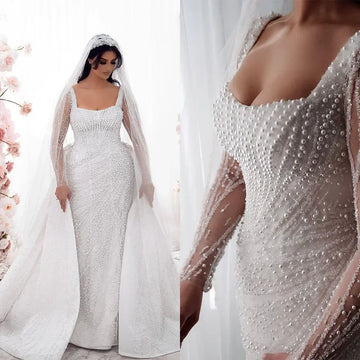 Customized Exquisite Mermaid Wedding Dresses Lace Satin Pearls LONG Sleeveless Bridal Gowns Detachable Train Robe De Mariée