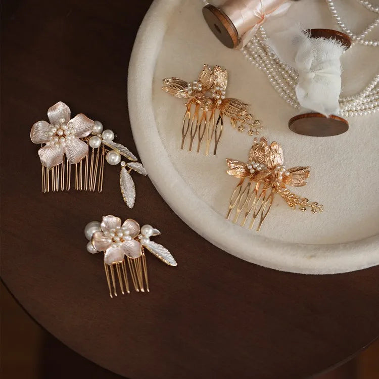 Vintage Gold Color Hair Comb Clip Flower Leaf Head Piece For Brides Bridesmaids Pearl Hairpin Bridal Jewelry Wedding Accessories
