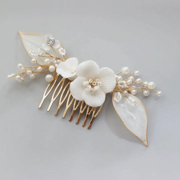 Bridal Jewelry Porcelain Flower Hairpin Gold Color Head Piece For Bridesmaids Bride Pearl Hair Comb Pin Clip Wedding Accessories