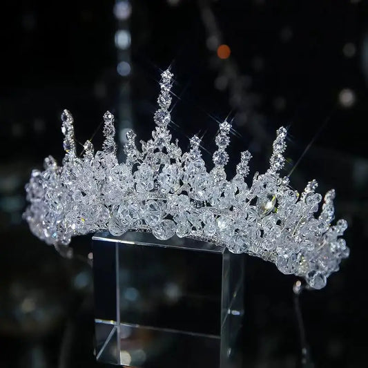 Baroque Handmade Rhinestone Beads Bridal Tiara Crown Silver Color Crystal Diadem Veil Tiaras Wedding Hair Accessories Headpieces