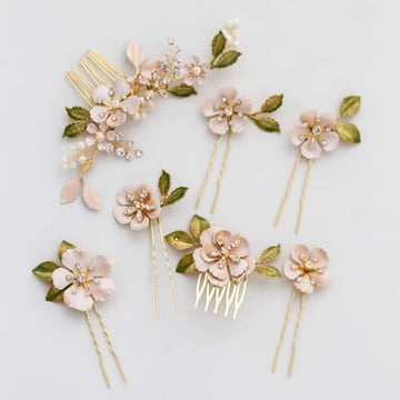 Flower Hair Comb Pin Clip Leaf Head Piece For Brides Bridesmaids Gold Color Hairpins Bridal Jewelry Wedding Accessories