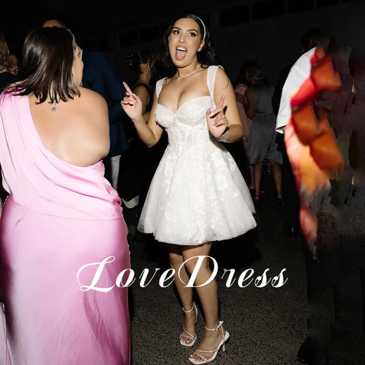 \Glitter Lace 3D Flowers Mini Short Wedding Dress V-Neck Appliques Bridal Gowns Backless Shiny Sleeveless Bride Dress