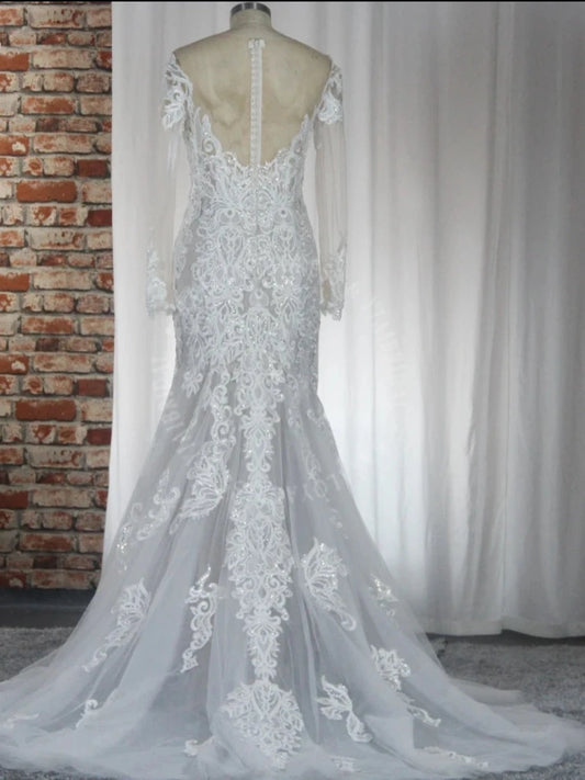 Sheer O-neck Long Sleeve Mermaid Wedding Dress 2024 See Through Illusion Back White Ivory Bridal Gowns With Brown Lining