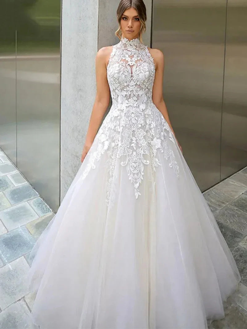 Wedding Dresses Tulle 2024 Sleeveless Back Illusion Bridal Gowns Exquisite A-Line Vestidos De Novia Lace Appliques