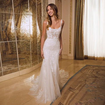 Customized Graceful Square Neck Wedding Dresses Lace Applique Spaghetti Strap Bridal Growns Mermaid Pearl Hollow Vestido