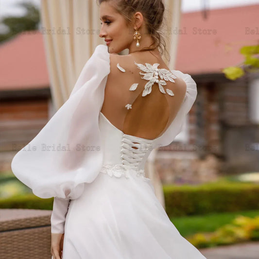 Elegant Wedding Dresses V Neck Long Sleeves Bridal Gowns Appliques Illusion Sweep Train Front Slit A-Line Vestidos De Novia 2024