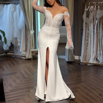 Romantic Satin Long Sleeve Wedding Dresses With Train 2025 Mermaid V Neck Sheath Bridal Party Gown For Bride Vestidos Novia