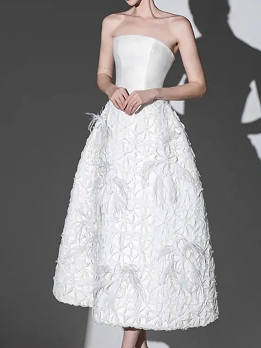 XIWEN 2024 Spring New Women's 2 Pcs Set O Neck Long Sleeve Crop Top Strapless High Waist Mini Elegant Flower Dress Suit TH6368