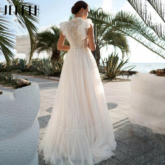 JEHETH BOHO Vestidos de novia sin mangas de cuello alto 2024 Elegante encaje Apliques Vestidos de novia Una línea Vestidos de Novia personalizado