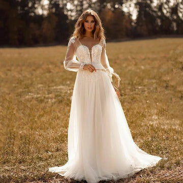 Boho Wedding Dresses 2025 Long Sleeve Lace Appliqued V Neck Bridal Gowns Bohemian Brides Dress Vestidos De Novia Customized