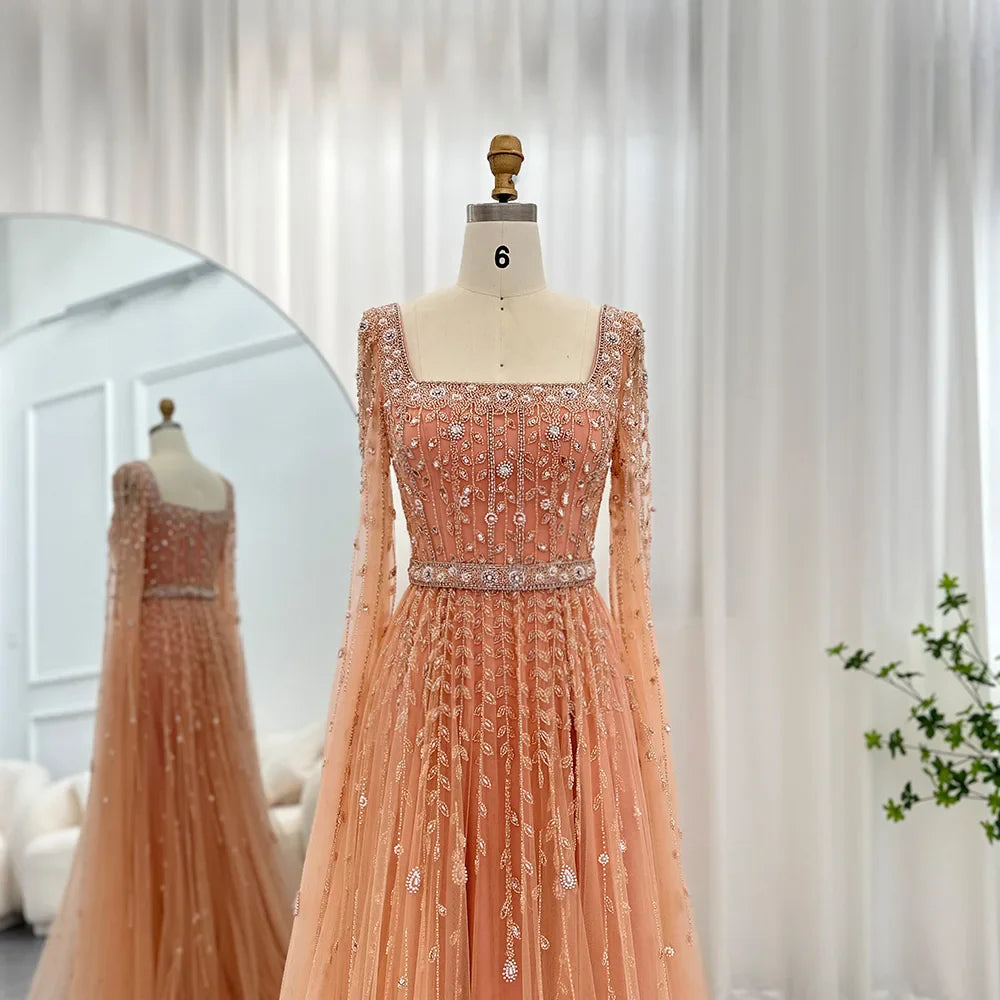 Sharon Said Luxury Pink Dubai Evening Dresses for Women Wedding Square Neck Cap Sleeves Arabic Muslim Formal Party Gowns SS494
