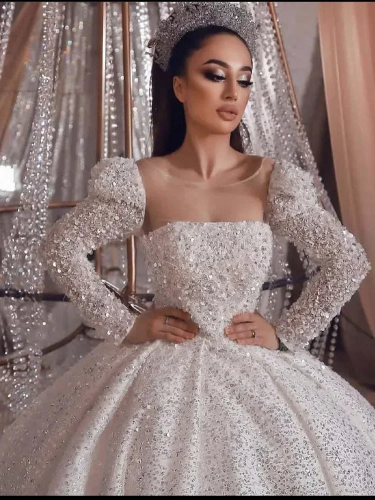 Customized Scoop Heavy Beads Sequins Wedding Dress Chapel Train Long Sleeves Ballgown Puffy Robe De Mariée Bridal Gowns Vestido