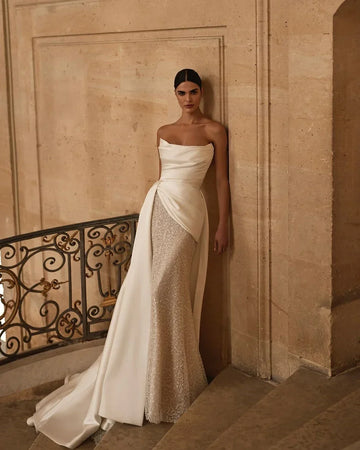 Customized Simple Strapless Mermaid Wedding Dress Shiny Sequin Beading Satin Train Pleat Bridal Gown Vestido De Novia