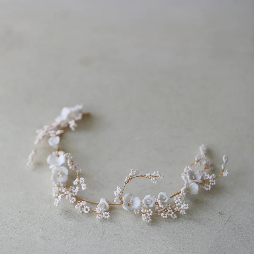 Porcelain Flower Headband Hairband Gold Color Headpiece For Brides Women Girl Headdress Bridal Jewelry Wedding Hair Accessories