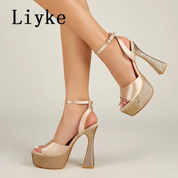 Liyke Golden Silver Crystal Rimestones Platform Sandales pour femmes Sexy High Talons Summer Peep Toe Party Dress Chaussures