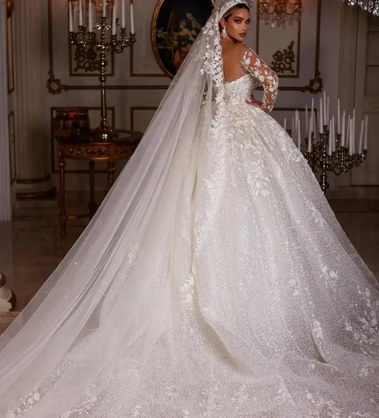 Princess Wedding Dresses Vintage Lace Up Ball Gowns Beading Bridal Shinny Tulle Long Sleeves Elegant Luxury Marriage Dress 2024
