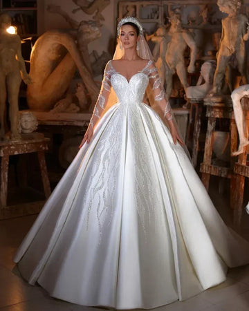 Customized Elegant Satin Wedding Dresses with Illusion Long Sleeves Beaded Appliques Bridal Gown For Women Vestidos De Noiva