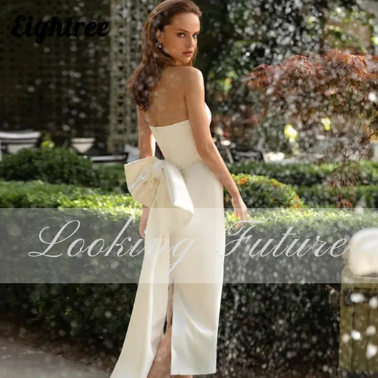 Semplice abito da sposa bianco split split split split con prua con la cerniera senza fila senza sposa vestido de noviva elegante lunghezza del tè 2024