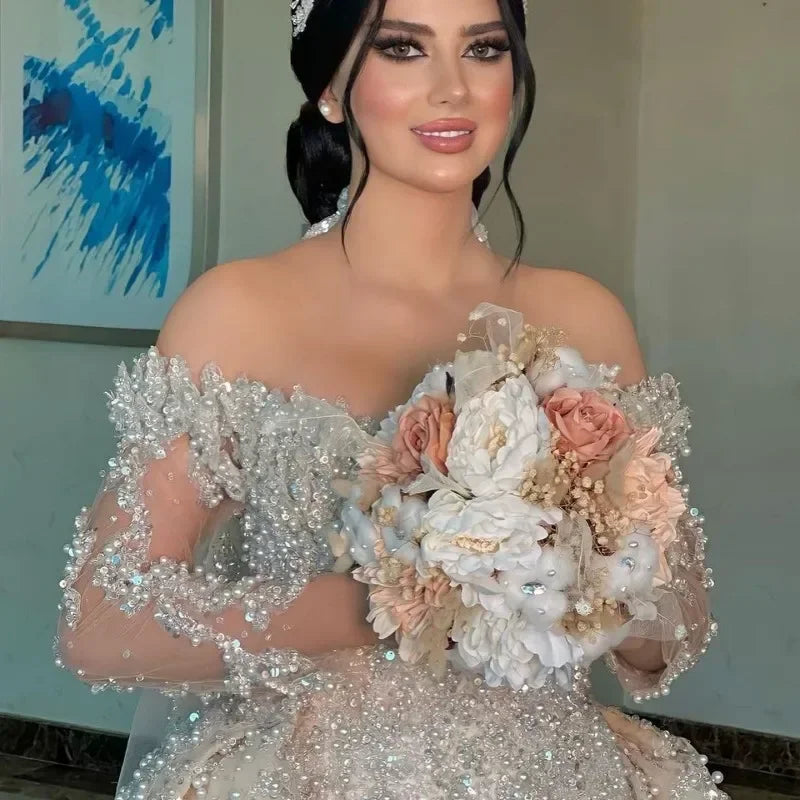 customized Off The Shoulder wedding Dress Pearls Appliques Bridal Dress Detachable Train Illusion Full Sleeves Vestidos De Noiva