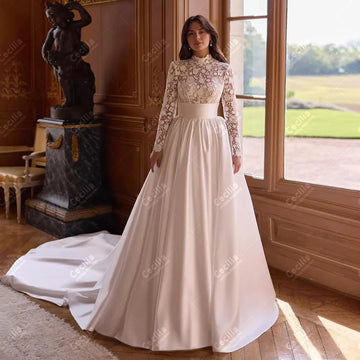 Elegant Wedding Dresses A Line Satin Bridal Gowns Lace Appliques Full Sleeves Robes Glamorous Customized Vestidos De Novia 2026