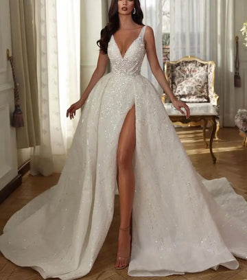 Customized Ball Gown Wedding Dresses Sleeveless V Neck Sequins Straps Appliques Lace Side Slit Pearls Plus Size Bridal Gowns Dre