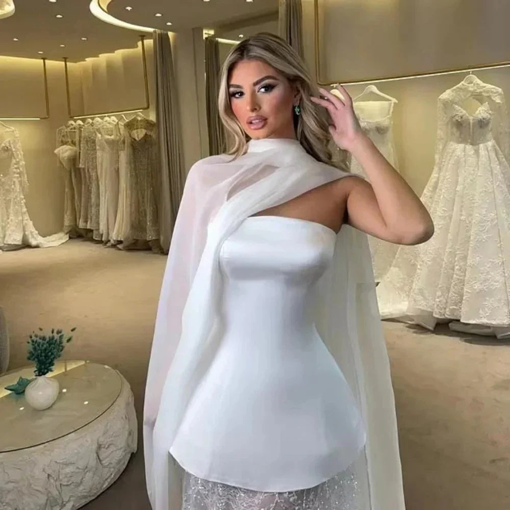 New modern short strapless satin lace up bridal party gown wedding dress 2026 – Pollyanna Events