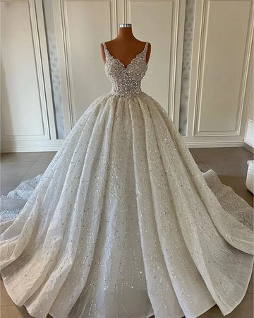 Customized Gorgeous Sequineds Appliques Sparkly Crystals V-Neck Wedding Dress Formal Bridal Gowns Robe De Mariée 2025