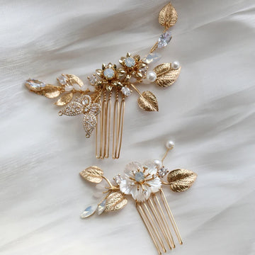 Opal Rhinestones Crystal Hair Comb Pin Clip Gold Color Head Piece Brides Flower Leaf Hairpins Wedding Accessories Bridal Jewelry