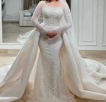 Luxury Crystal Mermaid Wedding Dress Sweetheart Long Sleeve Exquisite Beading Detachable Train Bridal Party Gowns Vestidos Novia