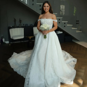 Romantic Beaded Pearl Lace Wedding Dress For Bride Vestidos Novia A Line Ball Gown For Women Long Off Shoulder Bridal Party Gown