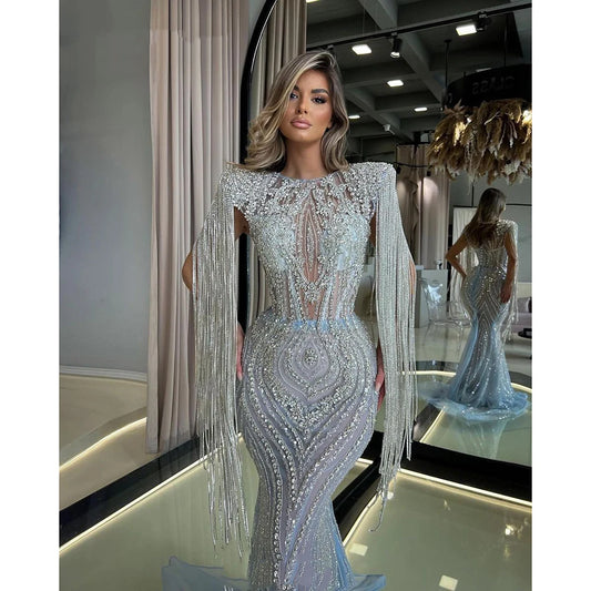 Full Crystals Mermaid Evening Dresses Luxury Beaded Celebrity Dresses With Tassels Prom Party Dresses Robes De Soirée