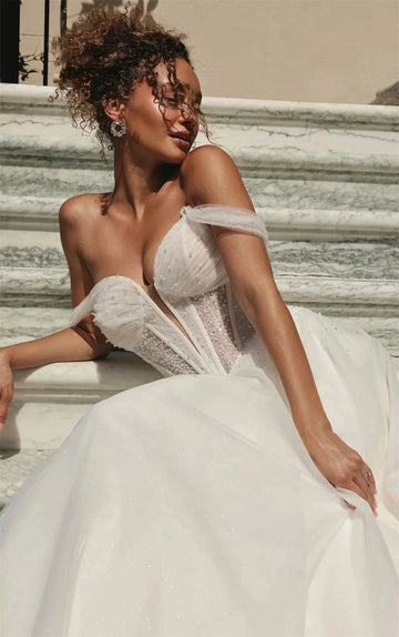 Elegant A-line Sequins Wedding Dress 2026 Off The Shoulder Beading Pleats Tulle Bride Bridal Gowns Vestidos De Noiva