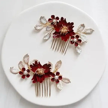 Leaf Hairpin Red Flower Hair Comb Clips Brides Bridesmaids Gold Color Head Pieces Headdress Wedding Accessories Bridal Jewelry