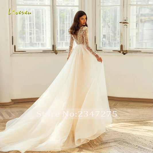 Русерки Елегантні весільні сукні 2024 V-подібний виріз довгий рукав Vestido de Novia мереживо вишивка