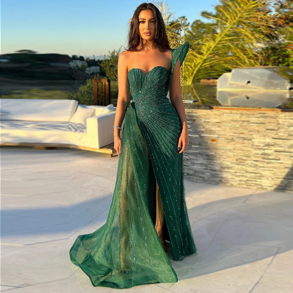 Abiti da sera a una spalla verde smeraldo per le donne feste di nozze a fessura alta abiti da prom lunghi per abiti formali SS201