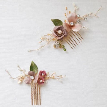 Wedding Accessories Pink Flower Hairpin Leaf Hair Comb Pin Clip For Brides Bridesmaids Crystal Pearl Head Piece Bridal Jewelry