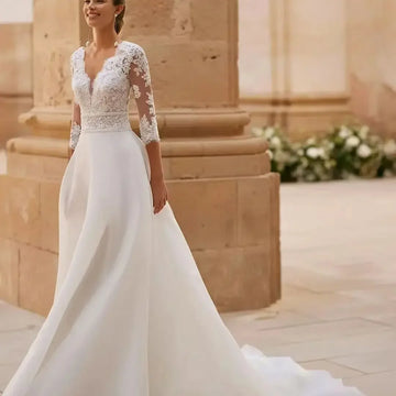 Customized Elegant Women's V-Neck Wedding Dressees Lace Applique Long Sleeved Princess A-Line Bridal Gowns Vestidos De Novia