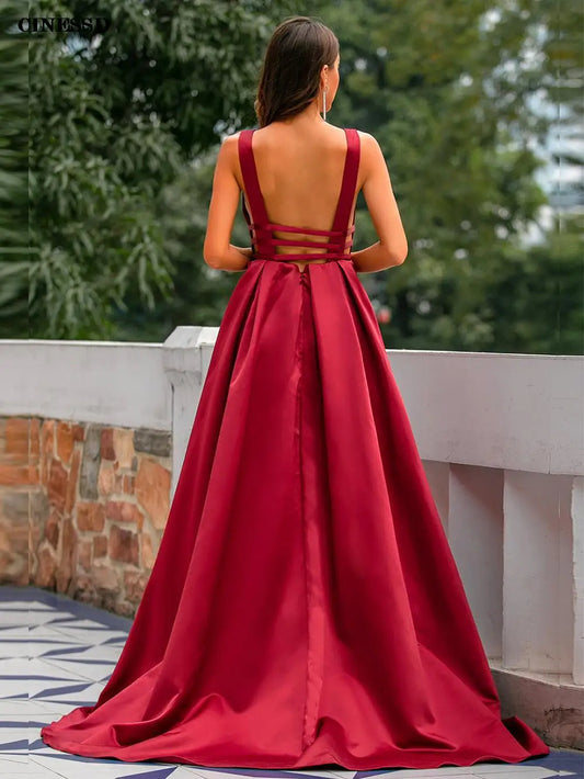 Sexy Red New Year Party Dress Winter Evening Dresses V Neck Satin Prom Dresses Long Elegant Evening Gown Robe De Soiree