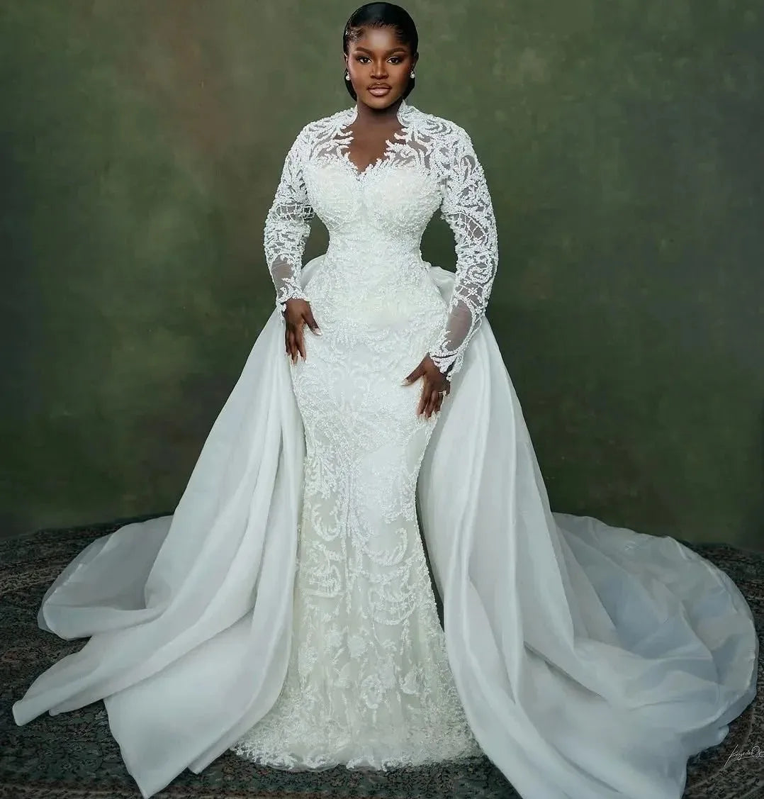African plus size mermaid wedding dress illusion detachable train long sleeves beaded lace crystals – Pollyanna Events