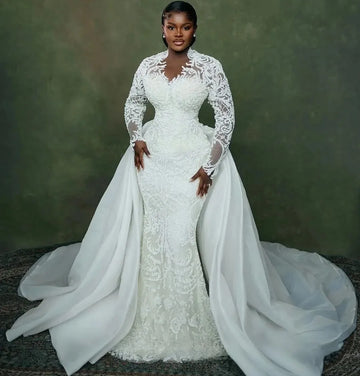 African plus size mermaid wedding dress illusion detachable train long sleeves beaded lace crystals – Pollyanna Events