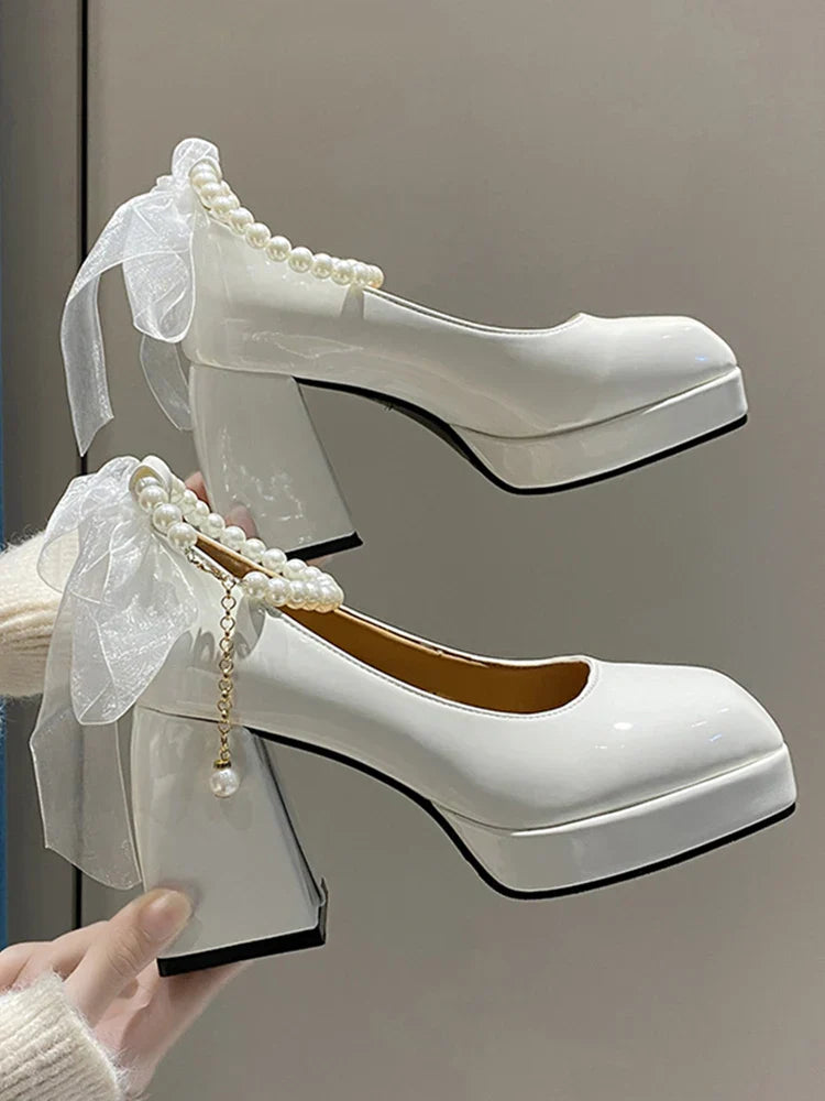 Bow square toe black women pumps thick heel elegant fashion pearl lace wedding shoes party – Pollyanna Events