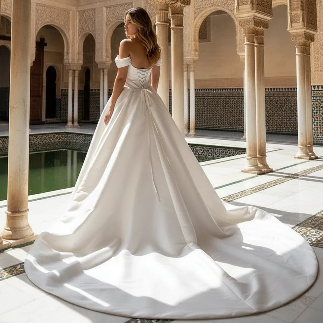 Off-Shoulder Pleated Satin Wedding Dress Beach Vestidos Novia with Slit Long A-Line Ball Gown for Bride Bridal Party Gown