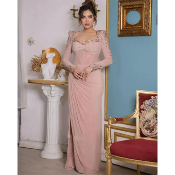 Elegant Pink Straight Evening Dress Sweetheart Neck Long Sleeve Floor-Length Special Occasion