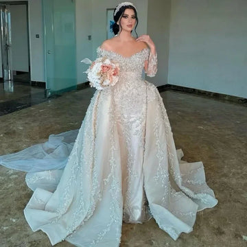 customized Off The Shoulder wedding Dress Pearls Appliques Bridal Dress Detachable Train Illusion Full Sleeves Vestidos De Noiva