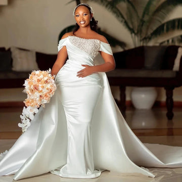 Elegant Mermaid Wedding Dress 2026 Detachable Train Off the Shoulder Beadings Pearls Sleeveless Satin Bride Bridal Gowns African