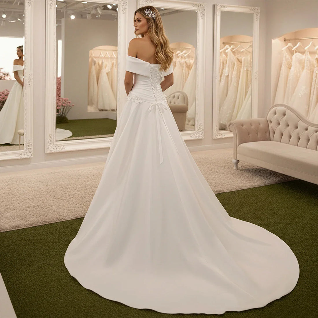 Elegant Off Shoulder Satin Wedding Dress Flower Long Ball Gown For Bride A Line Bridal Party Gown With Train Vestidos Novia