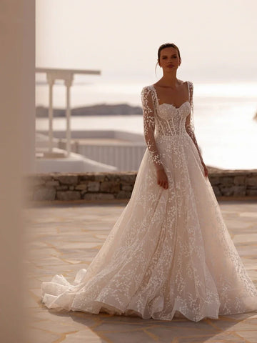 Customized Sweetheart Wedding Dresses Lace Appliques Bridal Gown Long Sleeves Pearls A-line Tulle Long Bridal vestidos de novia