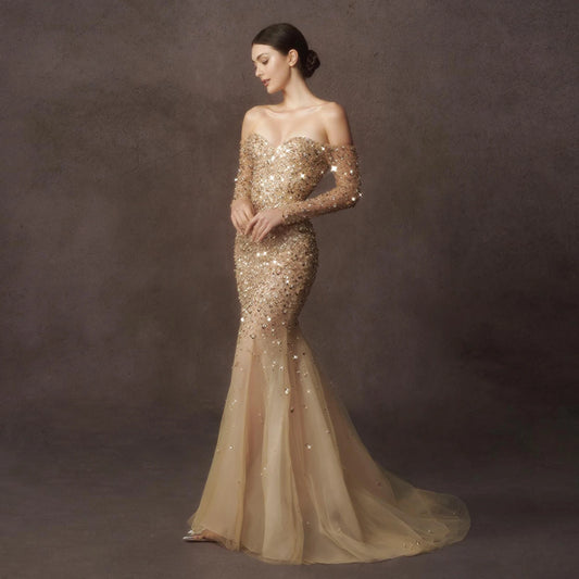 Luxury Dubai Champagne Gold Mermaid Evening Dress with Detachable Overskirt Off Shoulder Arabic Wedding Party SS410